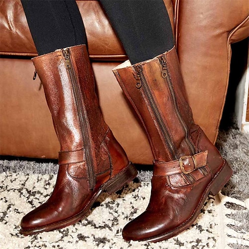 

Women's Boots Motorcycle Boots Work Boots Riding Boots Outdoor Daily Solid Color Knee High Boots Winter Buckle Flat Heel Round Toe Vintage Casual Minimalism Faux Leather Zipper Black Brown