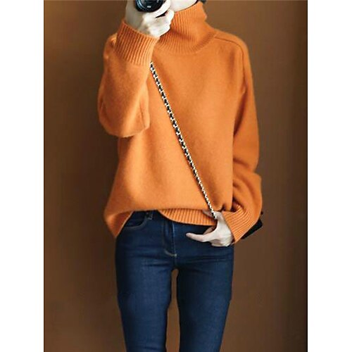 

Women's Pullover Sweater Jumper Turtleneck Ribbed Knit Polyester Oversized Fall Winter Regular Outdoor Daily Going out Stylish Casual Soft Long Sleeve Solid Color Black Pink Blue S M L