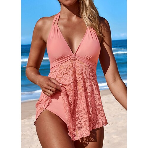 

Mulheres Roupa de Banho Tankini 2 partes Normal roupa de banho Renda 2 Peças Estampado Tecido Rosa claro Verde Malha Íntima Fatos de banho Sensual Roupa de Praia Verão