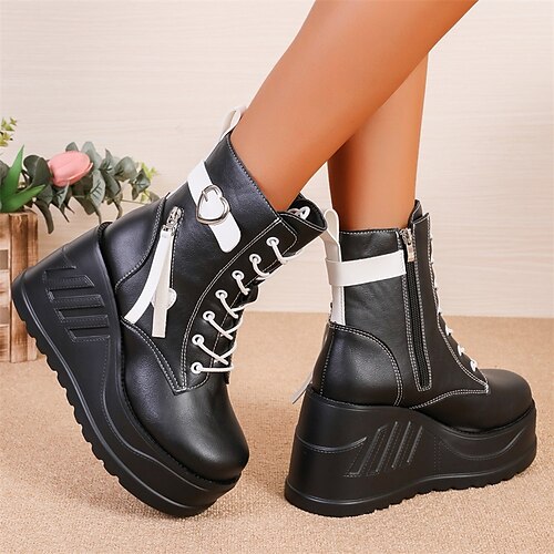 

Damen Stiefel Springerstiefel Übergrössen Schuhe mit innerer Höhenerhöhung Täglich Stiefeletten Stiefeletten Schnalle Plattform Keilabsatz Runde Zehe Punk Sport Brautkleider schlicht PU Schnürsenkel