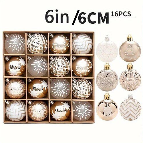 

16 pièces/ensemble de décorations de noël, décorations de boule de noël en or champagne et blanc, pendentifs d'arbre de noël, décorations de fête à domicile, décor de scène, décoration de chambre,