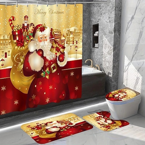 

Christmas Santa Claus Shower Curtain - 12 Hooks, Floor Carpet Toilet Lid Mat, Christmas Decorations Thanksgiving Gift 2023 Xmas Gift