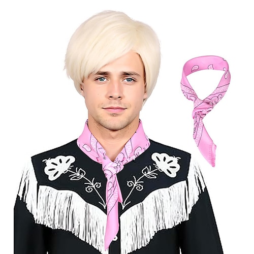 

Male Short Blonde Wig with Pink Bandana Men's Cowboy Costume Cosplay Wig for Halloween Christmas Carnival Party Wig