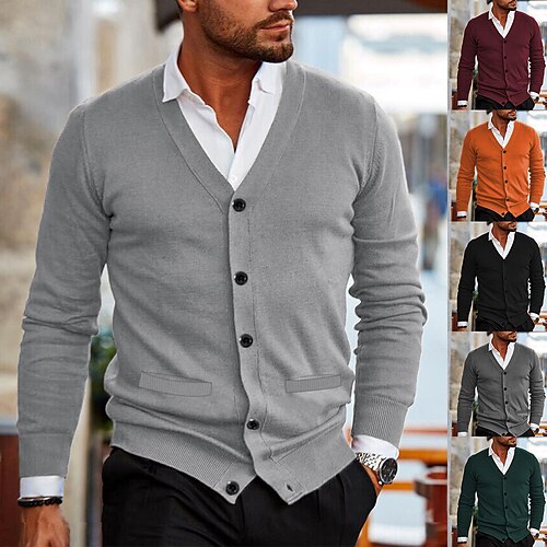 

Men's Sweater Cropped Sweater Cardigan Sweater Ribbed Knit Cropped Knitted Solid Color V Neck Modern Contemporary Casual Daily Wear Clothing Apparel Fall Winter Black White S M L
