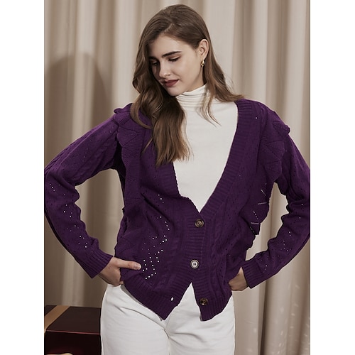 

Women's Cardigan V Neck Cable Knit Polyester Ruffle Button Knitted Fall Winter Regular Outdoor Home Christmas Fashion Streetwear Casual Long Sleeve Solid Color Purple S M L