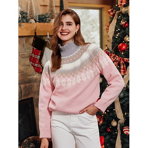 

Damen Weihnachtspullover Ständer Gerippt Stricken Polyester Strick Herbst Winter Standard Outdoor Weihnachten Täglich Kuschelig Stilvoll Brautkleider schlicht Langarm Geometrisch Schneeflocke Rosa S