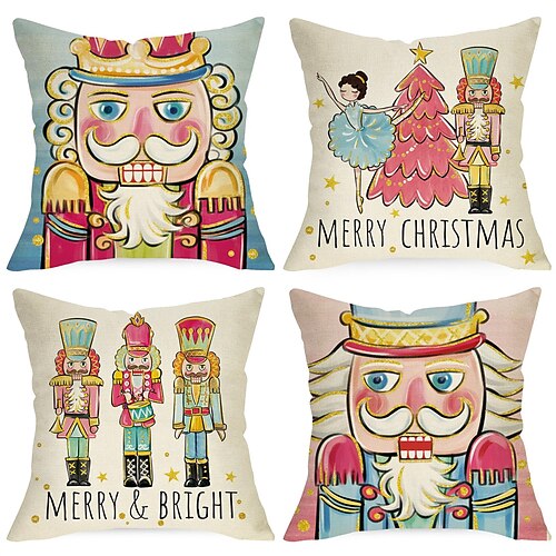 

Christmas Nutcracker Double Side 4PC Decorative Toss Pillows Xmas Throw Pillow Covers Soft Pillowcase for Bedroom Livingroom Sofa Couch Chair Bench