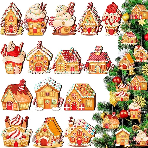 

15 pièces en bois de Noël hiver coloré en pain d'épices, décoration à suspendre, pendentif pour extérieur, festival, fête, cadeau, décoration de scène, décoration de chambre, décoration de maison,