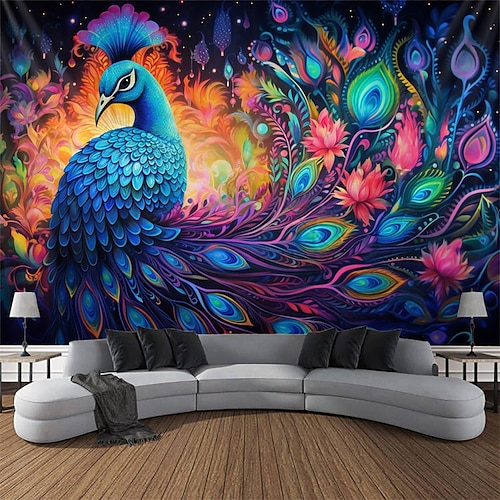 

Blacklight Tapestry UV Reactive Glow in the Dark Peacock Animal Trippy Misty Nature Landscape Hanging Tapestry Wall Art Mural for Living Room Bedroom