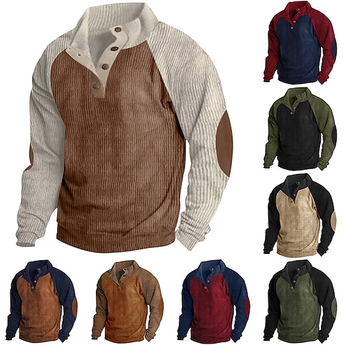 

Men's Sweatshirt Light Khaki. Black Army Green Navy Blue Brown Standing Collar Plain Patchwork Color Block Sports Outdoor Daily Holiday Corduroy Streetwear Basic Casual Spring Fall Clothing