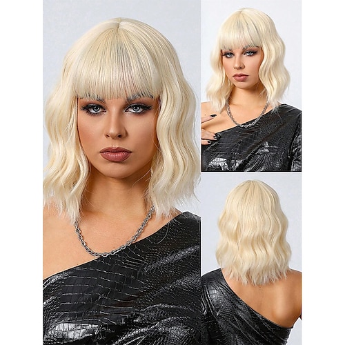 

14 Inches Blonde Wavy Wig With Air Bangs Women Short Wavy Light Blonde Wigs Synthetic Wig for Cosplay Party Bob Style Pastel Bob Synthetic Cosplay Wig for Girl