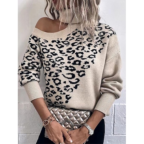 

Pull Femme A côtes Tricoter Col Roulé Acrylique Imprimer Tricoté Accueil froid Automne Hiver Normal Extérieur du quotidien Sortie Vêtement de rue mode Décontractées manche longue Léopard Noir Vert