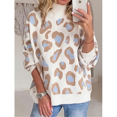 

Mulheres Pulôver suéter Gola Redonda Estriado Tricotar Lã Patchwork Outono Inverno Padrão Ao ar livre Diário Para Noite à moda Casual Macia Manga Longa Leopardo Vermelho Azul Verde S M L