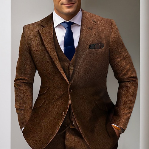 

Combinaisons en tweed Homme Mariage Ensemble de 3 pièces Marron Vert à Chevrons Grandes Tailles Droit deux boutons 2023