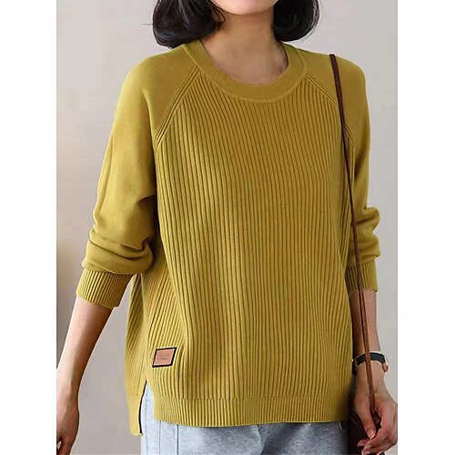 

Mujer Suéter de punto Cuello Barco Estriado Tejer Poliéster Separado De Punto Otoño Invierno Regular Exterior Diario Noche Moda Casual Suave Manga Larga Color sólido Negro Amarillo Color Camello