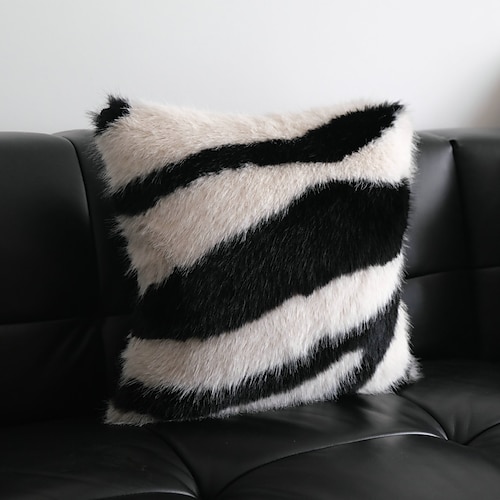 

Imitation Mink Fur Pillowcase Cover Plush Sofa Black and White Color Pillowcase Minimalist Stripe Living Room Display Pillowcase Cover