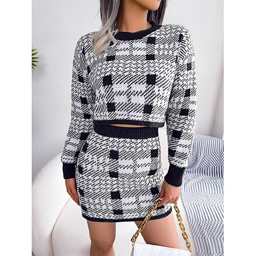 

Mulheres Conjunto de suéter Gola Redonda Estriado Tricotar Acrílico Tricotado Outono Inverno Longo Ao ar livre Diário Feriado Moda Roupa de rua Sensual Manga Longa Xadrez Preto Verde Cáqui S M L