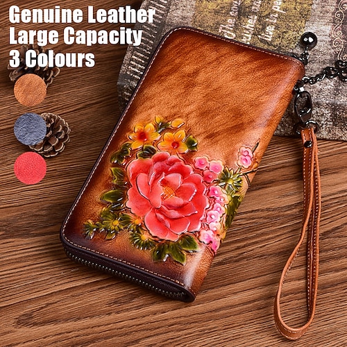 

Women's Wallet Credit Card Holder Wallet Leather Shopping Daily Travel Pendant Zipper Large Capacity Waterproof Durable Solid Color Color Block Flower Vintage black Retro Brown Vintage red