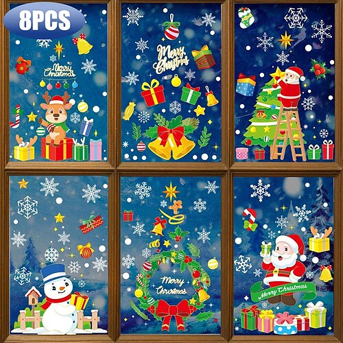 

8 Types Christmas Stickers Christmas Glass Window Sticker Cute Santa Elk Snowman Pattern Sticker Christmas Snowflake Wall Sticker For Party Christmas Decoration(1/3/5Pcs)