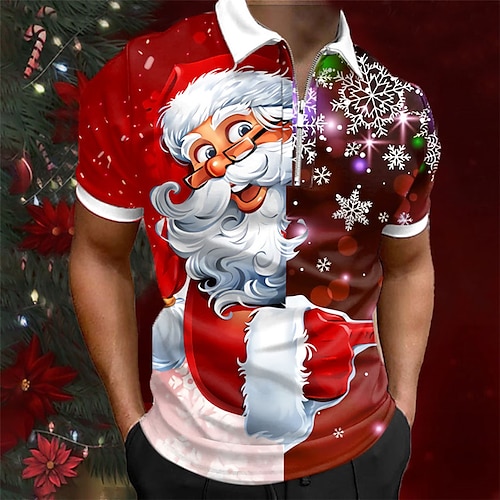 

Papá Noel Hombre Casual Estampado 3D polo con cremallera polo de golf Exterior Ropa Cotidiana Ropa de calle Navidad Poliéster Manga Corta Cuello Vuelto Zip Camisas de polo Vino Verde Trébol Otoño S M