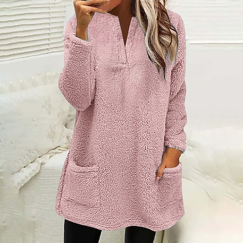 

Damen Sweatshirt Pullover Zur Seite fahren Sherpa Vlies Feste Farbe Warm Teddy Fuzzy Vordertasche Weiß Rosa Blau Strasse Casual V Ausschnitt Langarm Oberteil Mikro-elastisch Herbst Winter