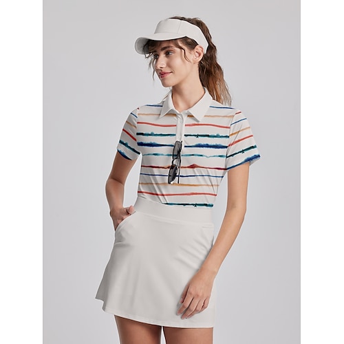 

Damen poloshirt Golfhemd Geknöpftes Poloshirt Atmungsaktiv Schnelltrocknend Feuchtigkeitsableitung Kurzarm Golfbekleidung Golfkleidung Regular Fit Streifen Sommer Tennis Golfspiel Pickleball