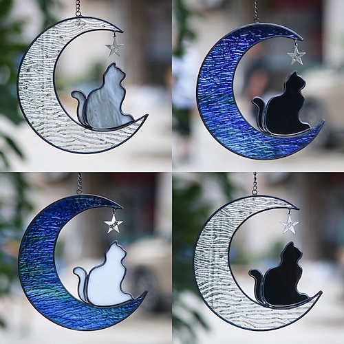 

1pc Mond Stern Katze kreative bunte Wasser Druck Glas Fenster Anhänger Haustier Katze Memorial Anhänger Urlaub Geschenk