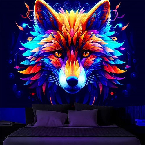 

Tapeçaria de luz negra brilho reativo uv na raposa animal trippy enevoado natureza paisagem tapeçaria suspensa mural de arte de parede para sala de estar quarto