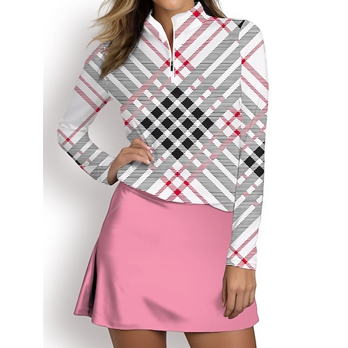 

Damen poloshirt Golfhemd Atmungsaktiv Schnelltrocknend Feuchtigkeitsableitung Langarm Golfbekleidung Golfkleidung Regular Fit Zip Stehkragen Plaid Frühling Herbst Tennis Golfspiel Pickleball