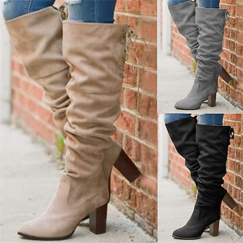 

Mujer Botas Tallas Grandes Botas de tacon Exterior Diario Botas hasta la rodilla Con Cordón Tacón Cuadrado Dedo redondo Vintage Elegante Sensual Ante Sintético Cremallera Color sólido Negro Caqui Gris