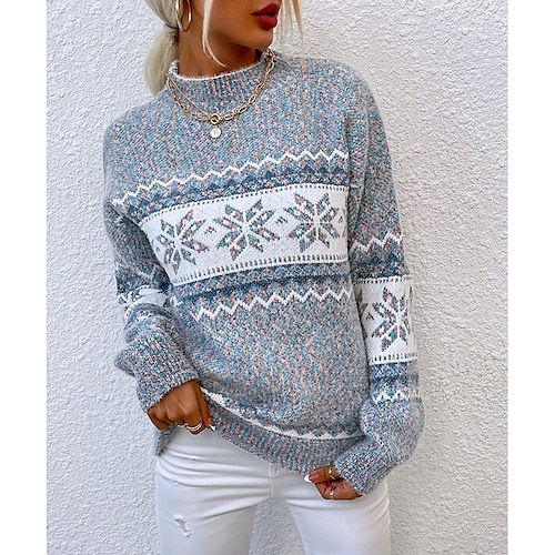 

Women's Pullover Sweater Jumper Crew Neck Ribbed Knit Crewneck Knitted Regular Work Daily Going out Fashion Casual Soft Long Sleeve Snowflake Pink Blue Apricot S M L