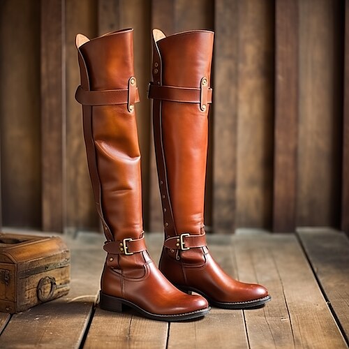 

Damen Stiefel Bikerstiefel Cowboy Westernstiefel Outdoor Täglich Stiefel über Knie Niete Schnalle Blockabsatz Flacher Absatz Runde Zehe Punk Urlaub Vintage Kunstleder Reißverschluss Braun