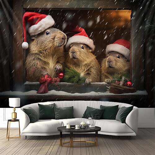 

Noël capybara animaux suspendus tapisserie mur art noël grande tapisserie décor mural photographie toile de fond couverture rideau maison chambre salon décoration
