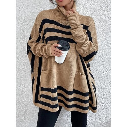 

Women's Pullover Sweater Jumper Turtleneck Ribbed Knit Acrylic Pocket Knitted Batwing Sleeve Fall Winter Regular Outdoor Daily Going out Stylish Casual Soft Long Sleeve Striped Khaki S M L