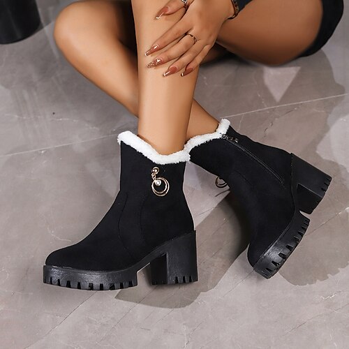 

Women's Boots Platform Boots Winter Boots Comfort Shoes Outdoor Daily Solid Color Booties Ankle Boots Winter Imitation Pearl Tassel Zipper Chunky Heel Round Toe Elegant Plush Casual Faux Fur Faux