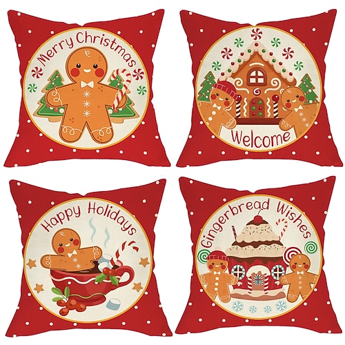 

Christmas Gingerbread Man Double Side 4PC Decorative Toss Pillows Xmas Throw Pillow Covers Soft Pillowcase for Bedroom Livingroom Sofa Couch Chair Bench