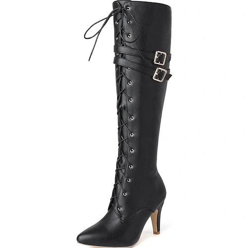 

Damen Stiefel Übergrössen Reitstiefel Stiefel mit Absatz Outdoor Täglich Kniehohe Stiefel Schnalle Konischer Absatz Runde Zehe Vintage Klassisch Brautkleider schlicht PU Schnürsenkel Feste Farbe