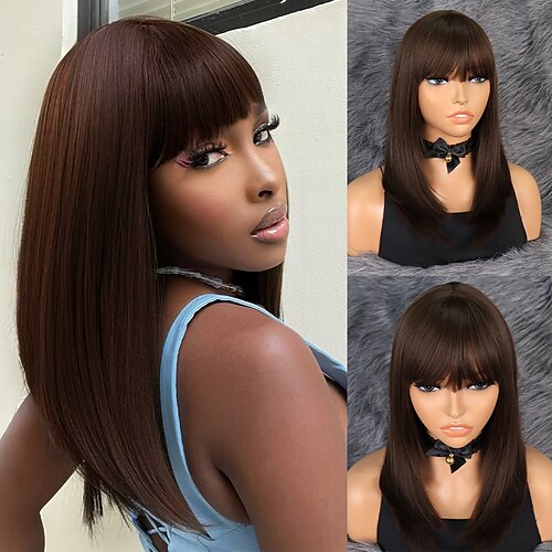 

Cosplay Costume Wig Synthetic Wig Straight kinky Straight Bob Neat Bang Machine Made Wig 14 inch Dark Brown Synthetic Hair Women's Brown Dark Brown