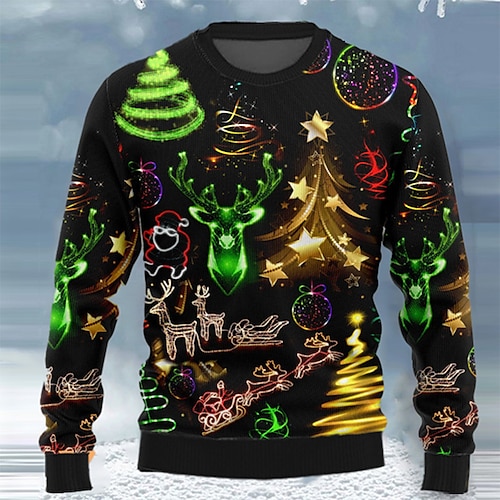 Elk Christmas Tree Casual Men's Print Knitting Ugly Christmas Sweater Pullover Sweater Jumper Knitwear Outdoor Daily Vacation Long Sleeve Crewneck Sweaters Army Green Red Ink Blue Fall Winter S M L