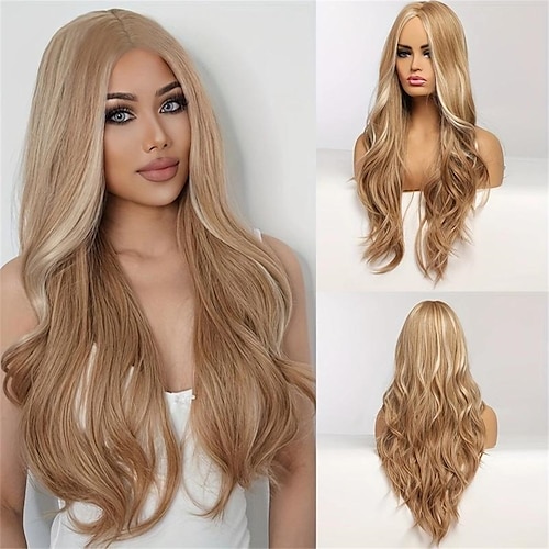 

Butterfly Haircut Highlight Blonde Long Body Wave Hair Wigs Middle Part Synthetic Fiber Hair Wigs For Daily Party Halloween Use