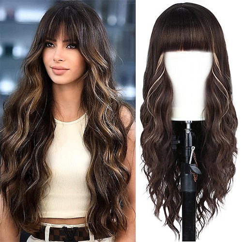 

Long Brown Wavy Wig for Women 26 Inch Wigs with Bangs Natural Looking Synthetic Heat Resistant Fiber Wig for Daily Party Use (Brown Mix Blonde)