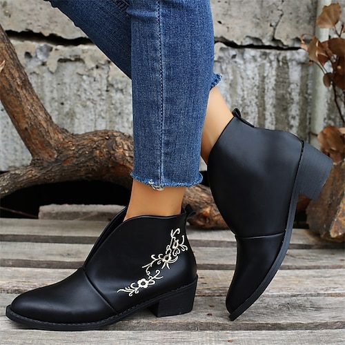 

Women's Boots Plus Size Outdoor Daily Floral Booties Ankle Boots Winter Chunky Heel Pointed Toe Vintage Casual Minimalism PU Loafer Black