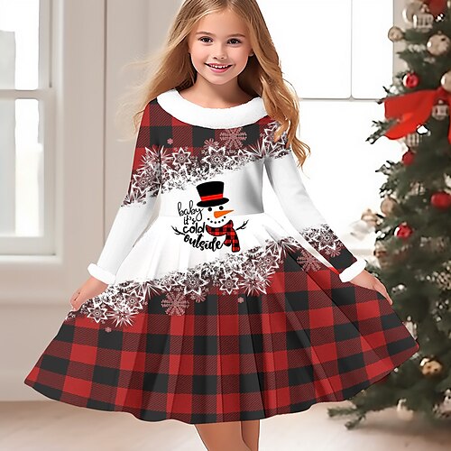 

Weihnachten Mädchen 3D kariertes Schneeflockenkleid Langarm 3D-Druck Herbst Wintersport Draußen, täglich, Urlaub, süß, lässig, schön, für Kinder von 3–12 Jahren, lässiges Kleid, Swing-Kleid,