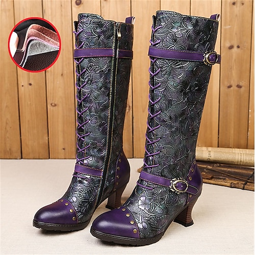 

Mujer Botas Tallas Grandes Zapatos hechos a mano Botas de tacon Diario Botas hasta la rodilla Hebilla Cremallera Tacón de gatito Dedo Puntiagudo Vintage Casual Confort Cuero Cremallera Floral Vino