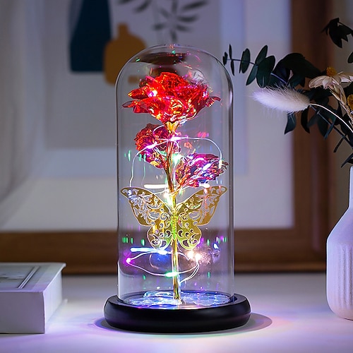 

Regalos de flores de rosas para mujeres, regalos de cumpleaños para mujeres, regalos de mujer para Navidad, regalo de mamá para Navidad, rosa de flores artificiales de arcoíris colorida, rosa iluminada en una cúpula de cristal, regalos de flores para ella