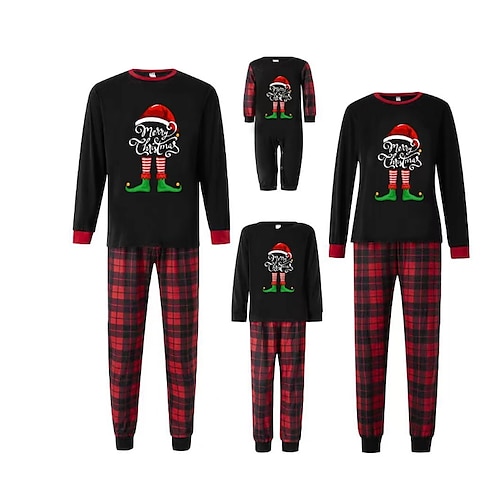 

Mirada familiar Navidad Pijamas Plaid Letra Hogar Estampado Rojo Manga Larga Trajes de mamá y yo Activo Trajes a juego