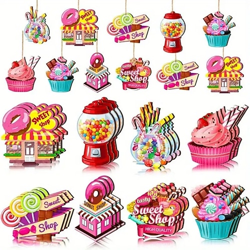 

24pcs Wooden Colorful Lollipop Dessert Christmas Tree Hanging Decoration For Outdoor Game Festival Party (with Rope)