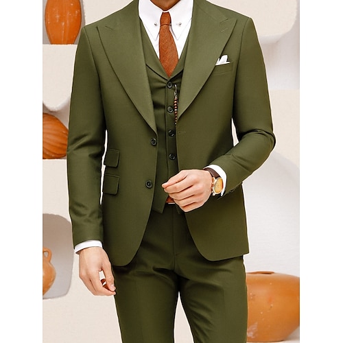 

Army Green Men's Party Suits Solid Colored 3 Piece Tailored Fit Single Breasted Two-buttons 2023