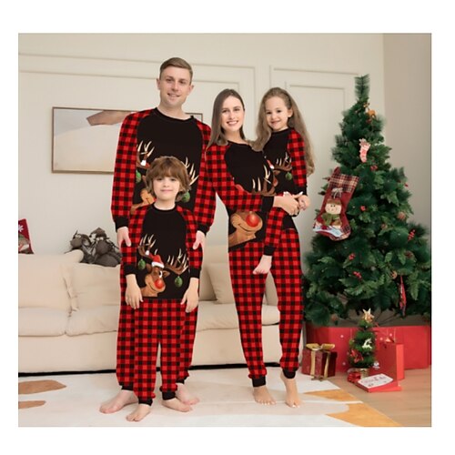 

Family Christmas Pajamas Cartoon Plaid Home Print Red Long Sleeve Mommy And Me Outfits Active Matching Outfits