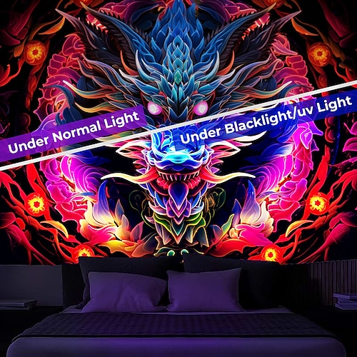  blacklight billedvev uv reaktiv glød i mørket glød party neon trippy tåkete drage dyr hengende billedvev veggkunst veggmaleri for stue soverom